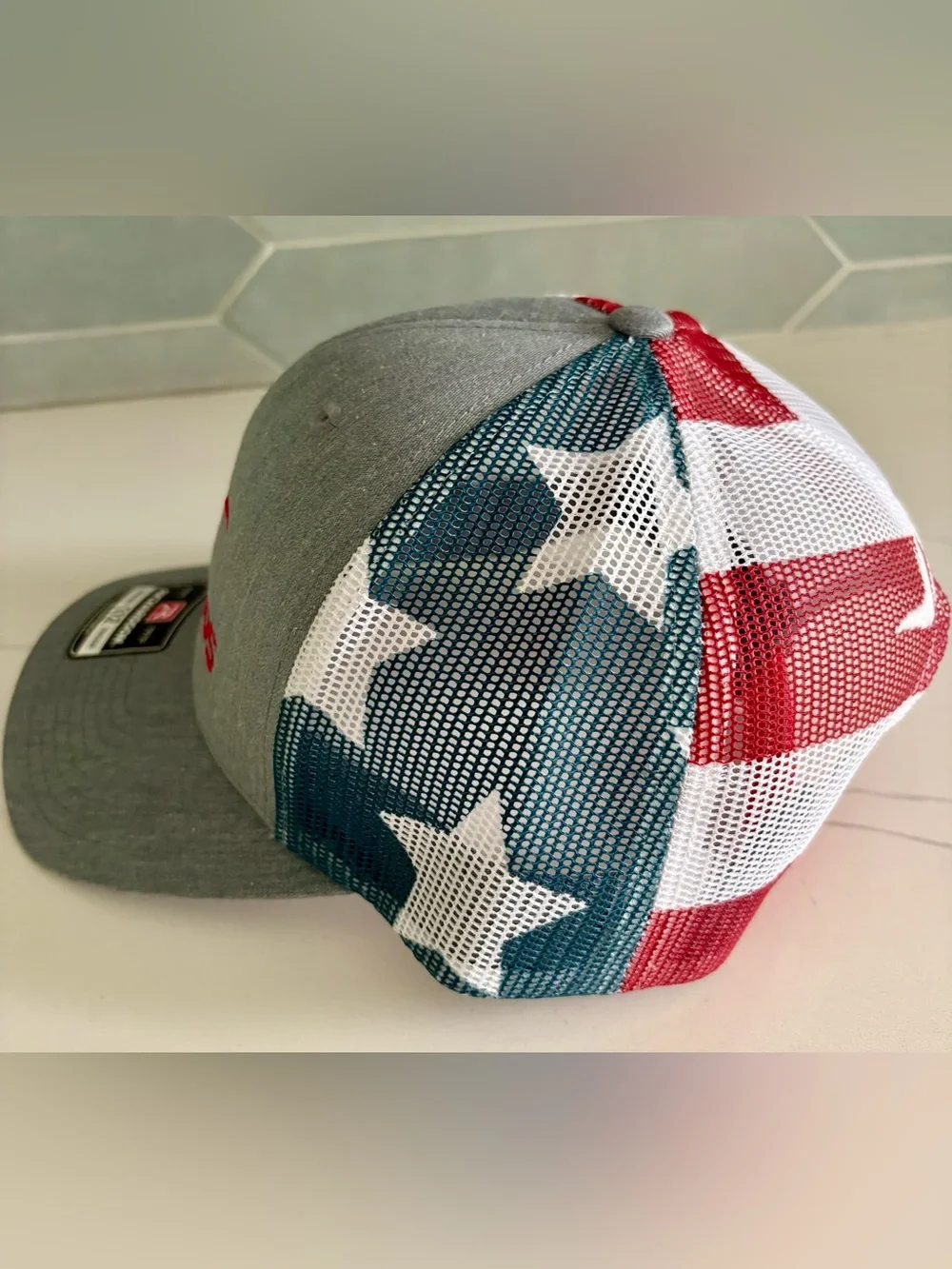 NWT Fouts Bros Richardson 112 Trucker Snapback Hat Grey Patriotic USA Flag Mesh